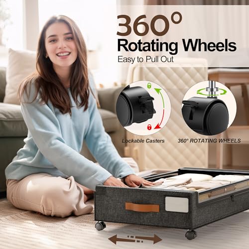 LAMU Under Bed Storage with Wheels, 2 Pack Under Bed Storage Containers with Clear Lid, XXL 60L Underbed Storage Bins, Rolling Under Bed Metal Drawers for Clothes, Blankets, Shoes, Hemp Grey - color: Hemp Gray, size: 2 Pack