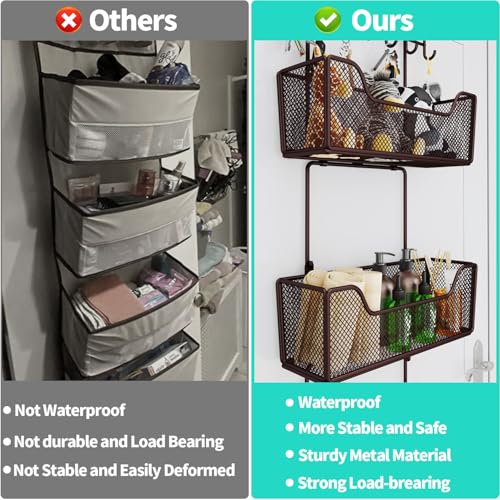 HapiRm Over The Door Organizer - Hanging Door Organizer with 4 Metal Large Capacity Baskets and Adjustable Coat Hook for Bathroom Bedroom Kitchen Pantry Closet Cabinet - color: Brown