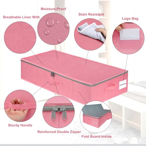 punemi Under Bed Storage Containers, Pink Underbed Storage With Rigid Side/Bottom Support, Closet Organizers And Storage Bins, Blankets Clothes Comforters Storage Bag, Dorm Room Essentials For Girls - color: Pink-2pcs, size: 6.7 inch Tall