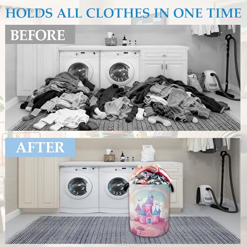 Pink Castle Large Storage Basket Collapsible Laundry Basket Oxford Storage Bin for Toy Bins Gift Baskets Bedroom Clothes Children Nursery Hamper 16" X 20.8" - color: Pink Castle