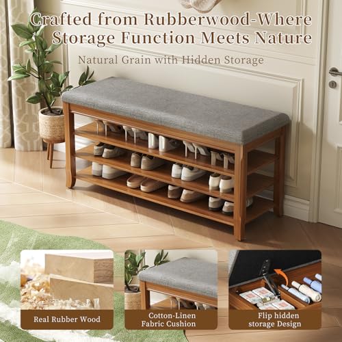 Solid Wood Shoe Bench with Storage, Flip-Top Soft-Close Lid, Adjustable Shelves, Cushioned Entryway Shoe Rack Organizer, 31.5” - size: 31.5"