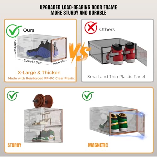 X-Large Stackable Shoe Boxes - Clear Plastic Shoe Storage Boxes with Magnetic Door, Thicken Shoe Organizer for Closet, Space Saving Foldable Shoe Containers Bins for Sneaker Boot - 6 Pack(Brown) - color: Brown