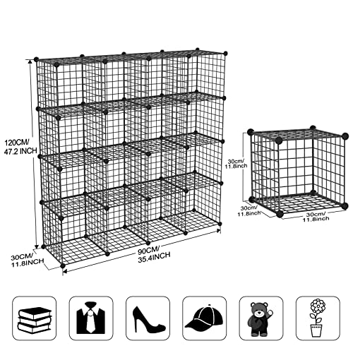 TUMUCUTE Wire Storage Cubes, Metal Storage Shelves Bookshelf, Stackable Modular Closet Organizer for Bedroom Living Room, Office, Black (16 Cubes, Iron) - color: Iron, size: 16 Cubes