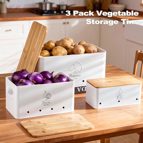 Metal Potato Onion and Garlic Storage Tin Set of 3, White Kitchen Vegetable Canisters with Bamboo Lid and Aerating Holes, Stackable Kitchen Keeper Storage for Countertop Pantry - color: A - White Vegetable Canisters