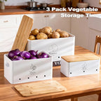 Metal Potato Onion and Garlic Storage Tin Set of 3, White Kitchen Vegetable Canisters with Bamboo Lid and Aerating Holes, Stackable Kitchen Keeper Storage for Countertop Pantry - color: A - White Vegetable Canisters