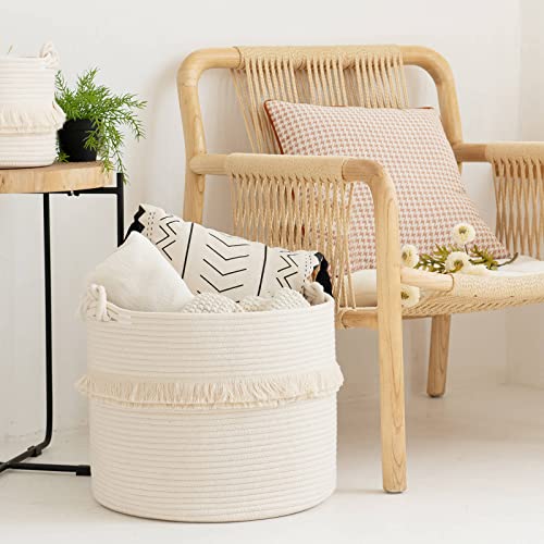CherryNow Large Woven Storage Baskets – 16'' x 13'' Cotton Rope Decorative Hamper for Nursery, Toys, Blankets, and Laundry, Cute Tassel Nursery Decor - Home Storage Container Off-white - color: Off-white, size: 40L (16"W x 13"H)