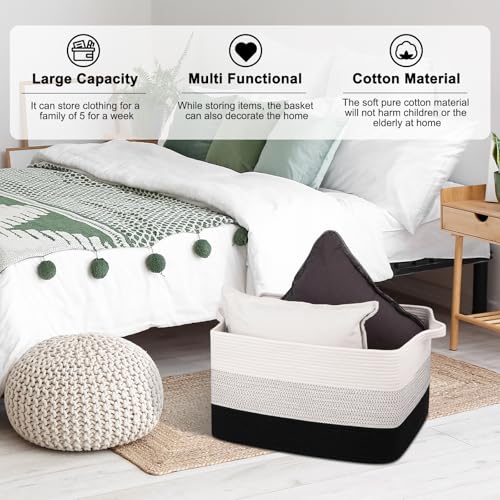 OIAHOMY Large Blanket Basket, 65L Cotton Rope Woven Laundry Basket, Toy Bin for Baby Room, Container for Blanket Storage in Living Room, 20''×16''×12'', Gradient Black - color: Gradient Black, size: 65L