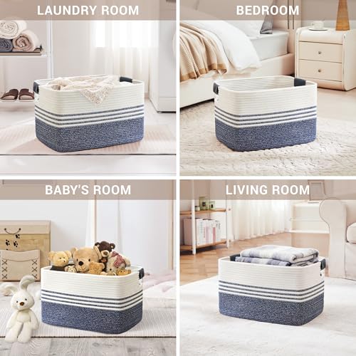 72L Large Laundry Basket with Leather Handles for Living Room Storage, Woven Rope Baskets Bin for Blanket, Kids Toy, Gifts, Wicker Hamper for Bedroom Dirty Clothes, 22"x17"x12" Denim Blue - color: Denim Blue, size: 72L