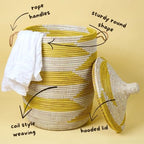 Yellow White Baskets with Lids, Living Room Blankets Storage, Laundry Hamper, Nursery Toys Bin, Decorative, Wicker, Sturdy, Round, Handles, Hooded Lid, Woven (Large) - size: Large