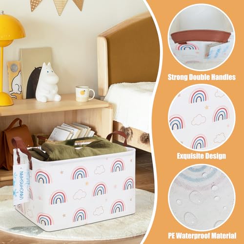 LANGYASHAN Rectangular Storage Bin Collapse Canvas Fabric Cartoon Storage Basket with Handles for Organizing Home Kitchen Boys and Girls Toys Office Closet Shelf Baskets(Rec Cloud Rainbow) - color: Rec Cloud Rainbow