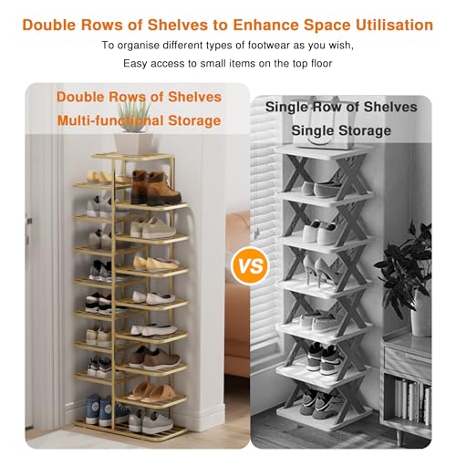 Simcat Shoe Rack Sturdy Metal Shoe Rack Organizer for Closet Entryway Garage Vertical Narrow Shoe Rack Shoe Stand Shoe Shelf (6 Tiers - Champagne Gold) - style: 6 Tiers Champagne Gold