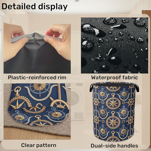 Navy Blue Sailor Anchor Laundry Basket with Handles - Extra Large Foldable Hamper for Bathroom/Laundry/Bedroom/Dorm, Washable Fabric Storage Bin - color: Navy Blue Sailor Anchor