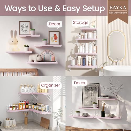 BAYKA Wall Shelves for Bedroom Decor, Pink Floating Wall Shelf for Living Room Kitchen Storage,Mounted Rustic Wood Shelves for Kids Books, Corner Shelf for Bathroom(16in，Set of 4) - color: H. Pastel Pink Board & White Brackets, size: 16-inch Mixed