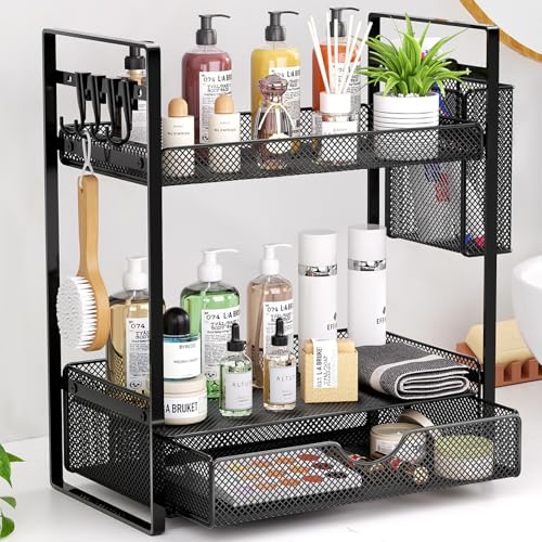 VITVITI 2 Tier Bathroom Organizer Countertop with Drawer, Metal Mesh Bathroom Counter Vanity Organizer Storage, Bath Room Sink Kitchen Spice Rack with Basket Hooks, Black - color: Black