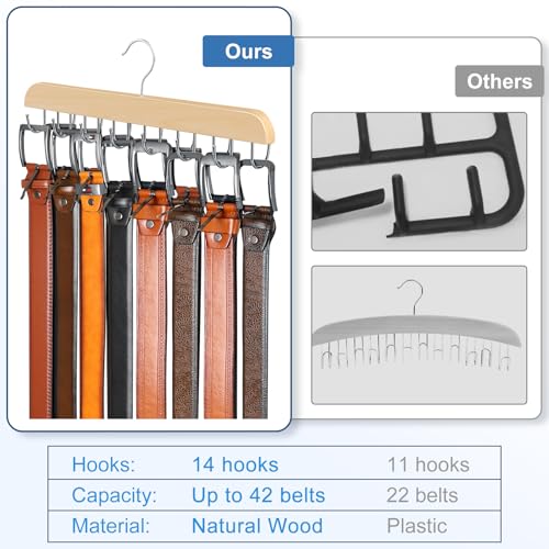 Belt Hanger for Closet Max 42 Belts, Sturdy Wood Belts Rack Closet Accessories with 14 Hooks Belt Organizer for Men Organizers and Storage -Wood 1 Pack - color: Wood, size: 1 Pack