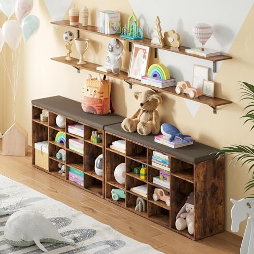 DINZI LVJ Shoe Storage Bench with Cushion, 16-Cubby Shoe Rack, Adjustable Shelves, Multifunctional Shoe Organizer Bench for Entryway, Mudroom, Hallway, Living Room, Bedroom and Garage, Rustic Brown - color: Rustic Brown, size: 16 Cubby