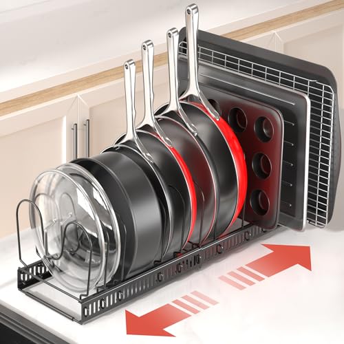 ORDORA Pots and Pans Organizer under Cabinet, Expandable 11.8"-22.8" Pot Lid Holder with 12 Adjustable Dividers, Pan Organizers inside Cabinet for Kitchen Cookware Bakeware, Black - color: Black, size: 12 Dividers