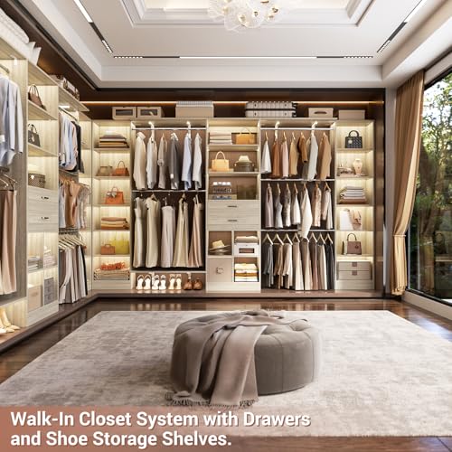 Besiost Closet System - 9.4FT/112" Closet Organizer System with Wooden Drawers,Closet Systems for Walk-In Closets with Hang Rods and Open Cabinet, Greige Oak - color: Greige Oak, size: 9.4FT