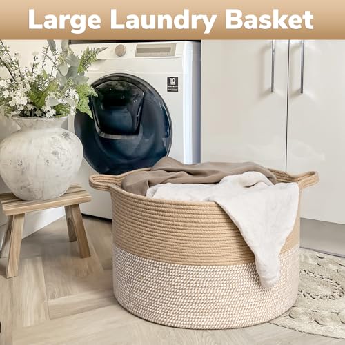 Goodpick Large Woven Storage Basket 21.7x13.8 Inch, White & Jute Laundry Hamper with Handles for Clothes, Blankets, Pillows, Blanket Basket for Living Room, Bedroom - color: White & Jute, size: 21.7x21.7x13.8 Inch (Pack of 1)
