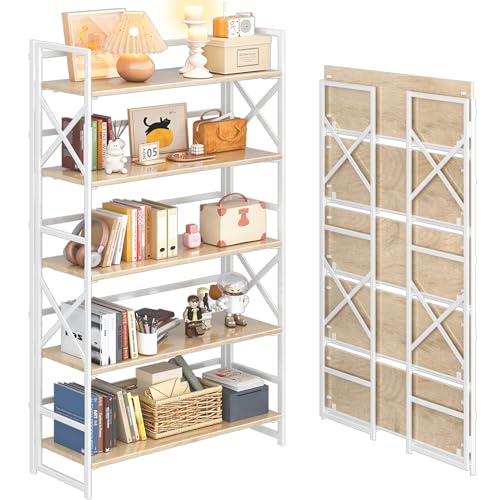 4NM Extra Wide 5 Tiers No Assembly Book Shelves, 51.2" H Folding Bookshelf Bookcase Open Industrial Foldable Shelves for Bedroom, Living Room, Home Office - Natural White - color: Natural White, size: Wide XX 5-Tier