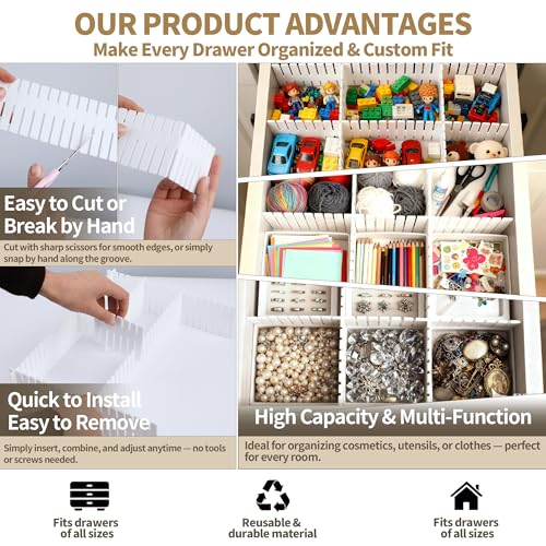 Drawer Divider Adjustable DIY Storage Organizer Separator for Tidying Clutter Cutlery Underwear Socks Clothes Dresses Desk & Box in Kitchen Bathroom Bedroom Office (Cut at Will) - color: White 16pcs
