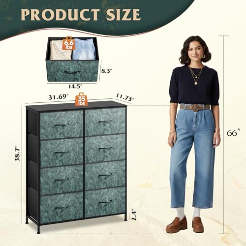 WLIVE Fabric Dresser for Bedroom, Tall Dresser with 8 Drawers, Storage Tower with Fabric Bins, Double Dresser, Chest of Drawers for Closet, Playroom, Dormitory, Vintage Green - color: Turquoise, style: General