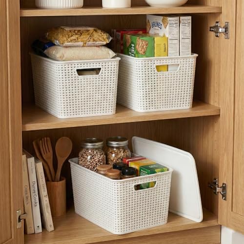 BINO | Plastic Storage Baskets with Lids, 22 Liter - 3 Pack, White | THE WOVEN COLLECTION | Storage Basket for Shelves | Woven Storage Baskets for Organizing Bins Pantry Shelf Organizer Container Bin - color: White, size: 22L | 3-Pack