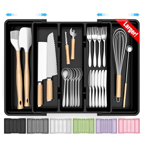 Large Silverware Organizer, Expandable Utensil Drawer Organizer for Kitchen Drawers, Kitchen Drawer Organizer for Spoons/Forks/Knives, Multipurpose & BPA Free Cutlery Tray, Black, 1 Pack - color: Black