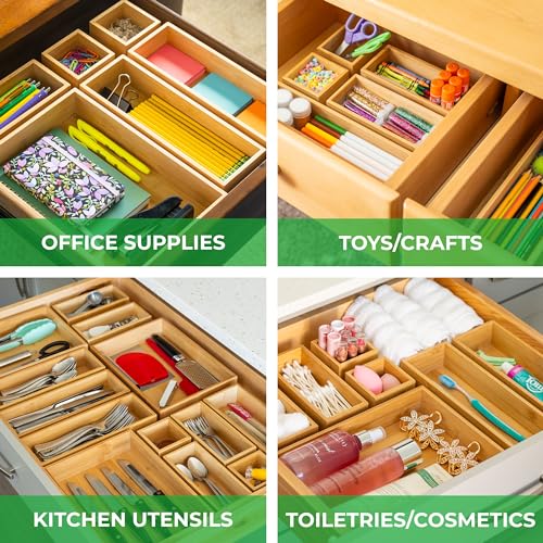 Grow Forward Bamboo Drawer Organizer Boxes - Set of 7 Wooden Drawer Organizers for Kitchen, Bathroom, Office, Desk, Vanity, Makeup - Non-Slip Junk Drawer Organizer Trays for Storage and Organization - size: 7-Piece