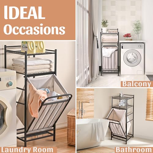 PLKOW Tilt Out Laundry Hamper with Shelf, Laundry Basket Laundry Hamper Cabinet with Removable Liner Bag, 65 Liter, 15.8L x 15.8W x 40H Inch