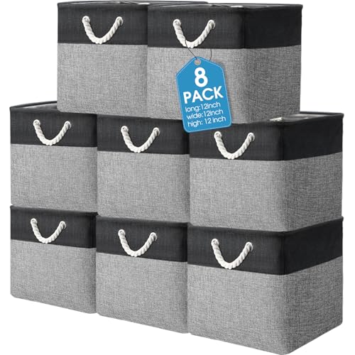 meekoo 8 Pack Collapsible Storage Bins Fabric Storage Bins Polyester Fabric Baskets with Handles Linen Closet Organizer for Shelf Home Closet Towels Toys(12 x 12 x 12in,Black Gray) - color: Black Gray, size: 12 x 12 x 12 In