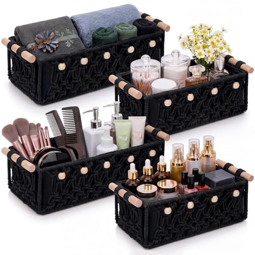 Vesici 4 Pcs Macrame Storage Basket for Shelves 13 in 11 in Boho Storage Basket Hand Woven Boxes with Wood Handles Beads Decorative Countertop Toilet Tank Cabinet Organizer for Home Room Decor (Black) - color: Black