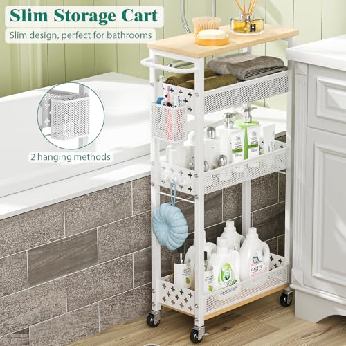 Slim Storage Cart 4 Tier Laundry Cart with Wheels, Narrow Metal Kitchen Rolling Carts Bathroom Organizers Storage Shelf with Wood Rack and Handle for Small Space - color: White