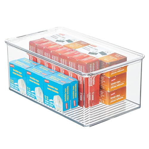 mDesign Plastic Stackable Home Office Storage Organizer Box with Hinge Lid - Holder Container Bin for Note Pads, Gel Pens, Staples, Dry Erase Markers, Tape, Supplies - Lumiere Collection - Clear - size: 12.75 x 7.25 x 5 (Pack of 1)