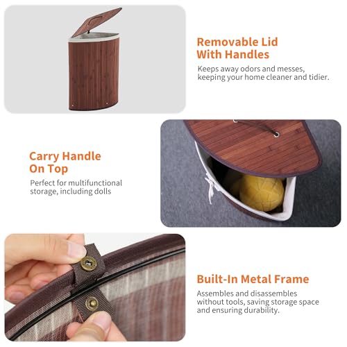 Bamboo Laundry Hamper Large 58L with Removable 2-Section Liner, Foldable Storage Basket with Lid and Handles for Bedroom, Laundry Room, Small Spaces – Brown - Triangle - color: Brown - Triangle