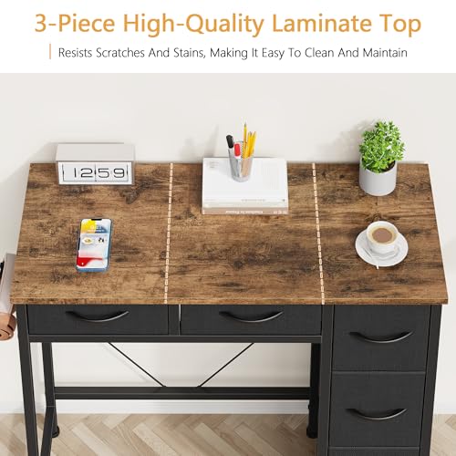 HIGDBFE Small Desk with 5 Fabric Drawers, 33 Inch Writing Desk for Home Office, Simple PC Desks for Small Place, Kids Girls Teen Study Table Vanity for Bedroom, Dorm, Rustic Brown, 14" D - color: Rustic Brown