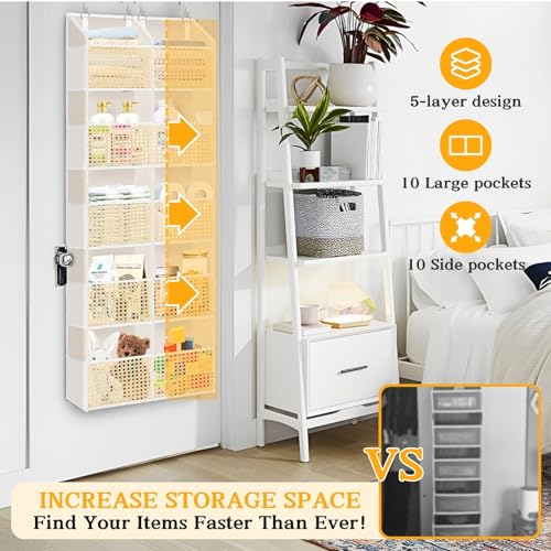 Over The Door Organizer 5 Tiers, Extra Large Behind Door Storage of 10 Compartments, 80 lbs Weight Capacity Hanging Storage Organizer with Clear Window Kids Toys, Shoes,Diapers, Braided Style - color: Braided - 5 Tiers