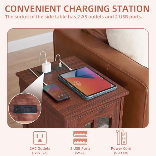 Narrow Side Table,Farmhouse Nightstand with Charging Station,Wood End Table with Glass Barn Door Storage, Cabinet Organizer with Adjustable Shelf, Night Stand for Small Spaces for Living Room Bedroom - color: Red Oak, size: Set 1