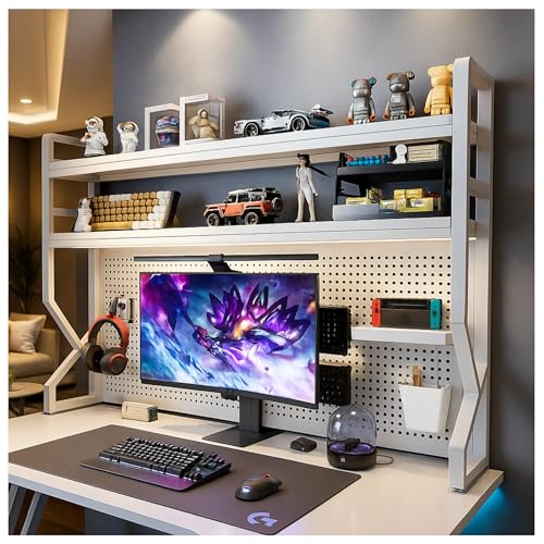Desktop Hutch Bookshelf,Many Gifts,Metal Desktop Bookcase with pegboard, Desk Shelf, Countertop Storage Organizer Rack for Dorm or Office,Desktop Shelves (White, 53.1" Lx9.9 Wx39 H) - color: White, size: 53.1" Lx9.9 Wx39 H