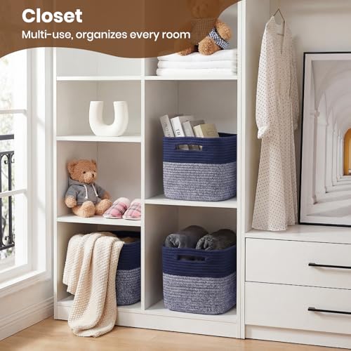 Storage Baskets for Organizing, 14 x 10 x 9” Closet Shelf Woven Baskets, Square Bins with Handles, Cotton Rope Basket for Toys, Clothes, Office, Room, Grey+Blue 1 Pack - color: Grey+Blue, size: 1pc