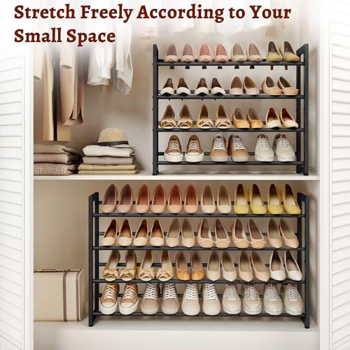 FAVOOSTY 4-Tier Expandable Shoe Rack, Adjustable Shoe Shelf Storage Organizer Space Saving Metal Free Standing Shoe Rack for Entryway Closet Doorway, Black - color: Black, size: 4 Tier
