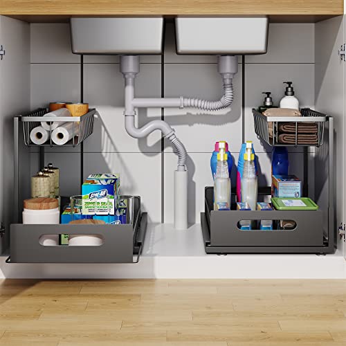 Under Sink Organizer, 2 Tier Pull-Out Cabinet Storage Shelf, Rust-Resistant Metal Organizer for Kitchen Bathroom Laundry Room, No Tools Installation, 1 Pack Black - color: 1 Pack-Black