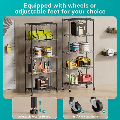 SINGAYE 5 Shelf Storage Wire Shelves Closet Bathroom Organizers Metal Pantry Kitchen Garage Shelving Unit Laundry Room Organization Home Narrow Rack Net Basket with Wheels Black - color: Black, size: 5Tier/14"D X 24"W X 61"H