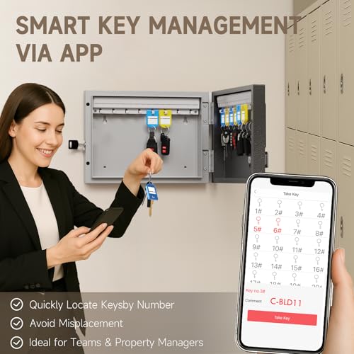 WeHere 16-Key Key Lock Box Wall Mount – Smart Key Cabinet with App, Keypad, Bluetooth & WiFi Unlock (Sold Separately), Key Organizer for Home, Access Log Tracking Key Management for Small Office - size: 16 Key Box (Smart)