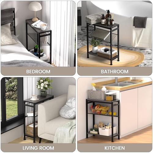 End Table Set of 2 for Small Space, 3-Tier Narrow Side Table with Magazine Holder,Slim Nightstand, Skinny Snack Couch Table in Living Room, Bedroom Study and Balcony (Grey) - color: Grey-2pcs