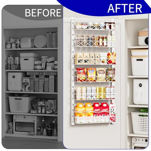 MIAOLI Over the Door Organizer, White 6-Tier Pantry Door Organizer with Adjustable Basket, Hanging Spice Rack Cabinet Door Shelves, Laundry Room Organization and Storage - color: White, size: 6-Tier