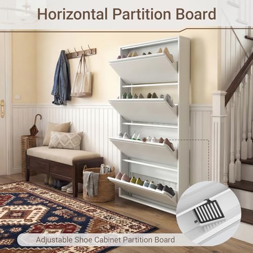 Shoe Cabinet with 4 Flip Drawers, Slim Metal Wall-Mounted Shoe Storage Organizer for Entryway, Hallway, Mudroom, Hidden Narrow Rack, White - style: 4 Flip Drawers