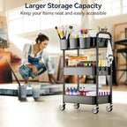 YASONIC 3 Tier Rolling Cart - Metal Utility Cart with Wheels, Hanging Cups, Hooks, Heavy Duty Mesh Rolling Storage Cart Organizer, Craft Cart for Kitchen Office, Lightweight and Sturdy - color: Black
