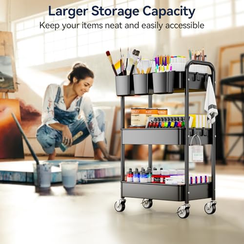 YASONIC 3 Tier Rolling Cart - Metal Utility Cart with Wheels, Hanging Cups, Hooks, Heavy Duty Mesh Rolling Storage Cart Organizer, Craft Cart for Kitchen Office, Lightweight and Sturdy - color: Black