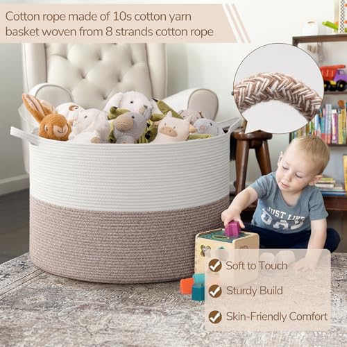 INDRESSME 115L Extra Large Blanket Basket, Soft Cotton Rope Storage Basket for Organizing, Home Decor, Toys, Laundry & Towels, Toy Storage Organizer for Living Room & Nursery, White & Brown - color: White & Brown, size: 23.6"D x 15.7"H